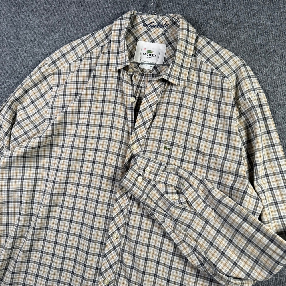 Lacoste Button Down Shirt Mens 42 Large Tan Navy Plaid Slim Fit Long Sleeve